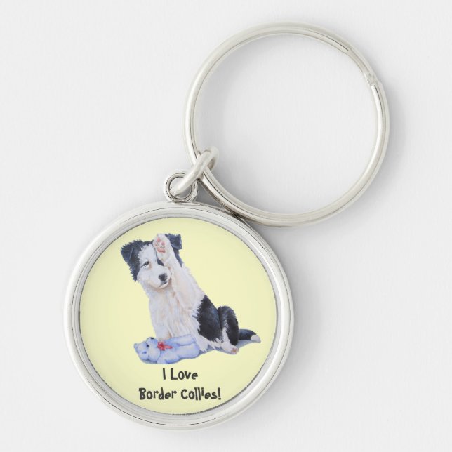 dog portrait painting of cute border collie puppy key ring (Front)
