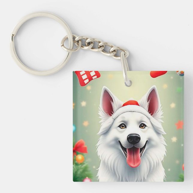 Dog Posing Among Festive Christmas Decorations Key Ring (Front)