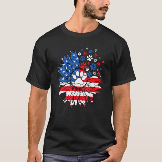 Dog Prints Sunflower American Flag Indepedence Day T-Shirt (Front)