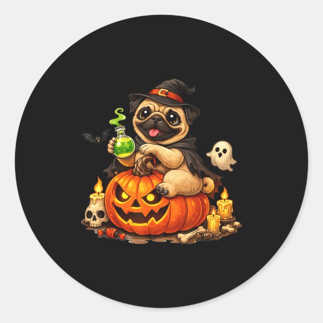 Dog pug jack o lantern pumpkin halloween  classic round sticker (Front)