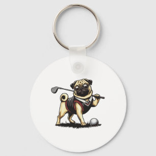 Dog Pug Playing Golf - Golfer Key Ring