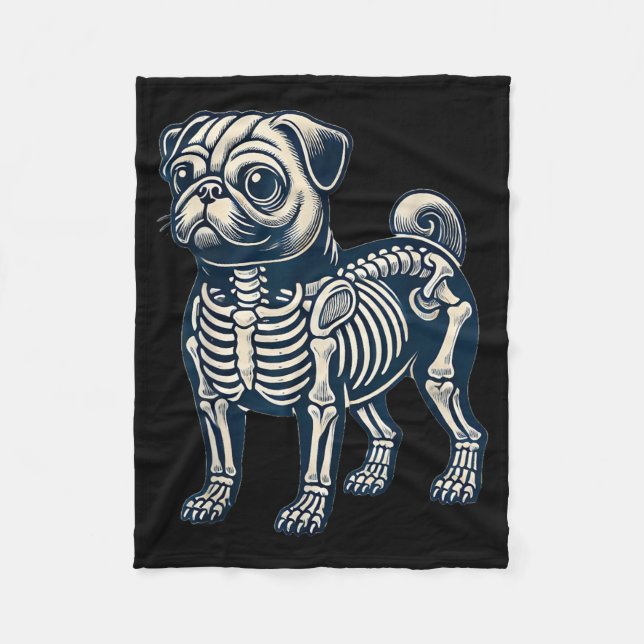 Dog Pug Skeleton Halloween Fleece Blanket (Front)