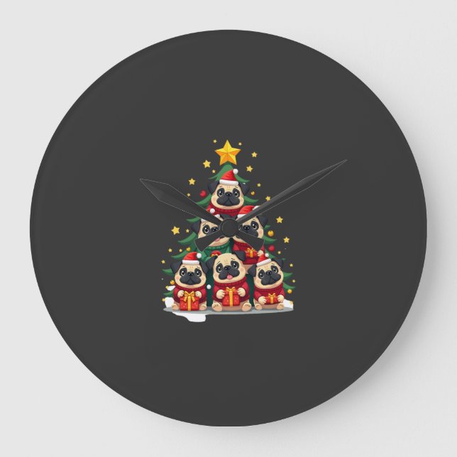 Dog Pugs Christmas Tree Cute Xmas (1) Large Clock (Front)