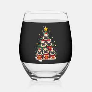 Dog Pugs Christmas Tree Cute Xmas (1) Stemless Wine Glass