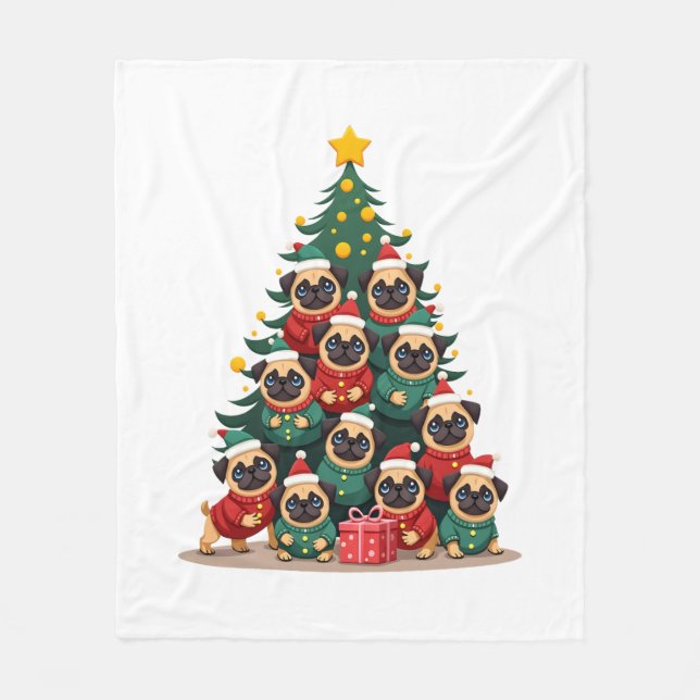 Dog Pugs Christmas Tree Cute Xmas (2) Fleece Blanket (Front)