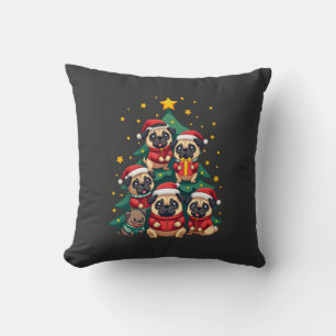 Dog Pugs Christmas Tree Cute Xmas (3) Cushion