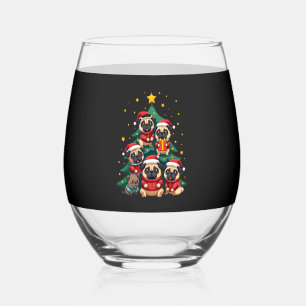Dog Pugs Christmas Tree Cute Xmas (3) Stemless Wine Glass