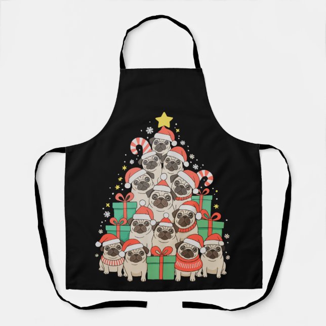Dog Pugs Christmas Tree Xmas Dad Mum Family Apron (Front)