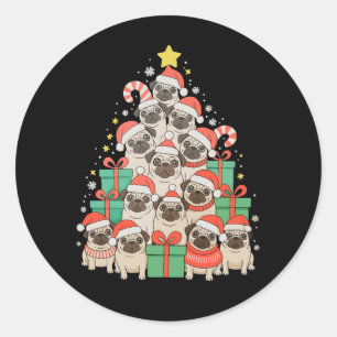 Dog Pugs Christmas Tree Xmas Dad Mum Family Classic Round Sticker