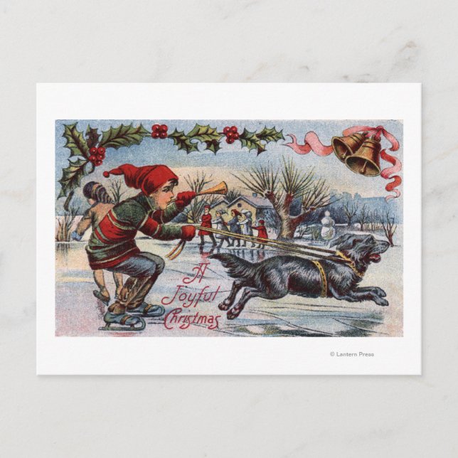 Dog Pulling Kid on Ice Skates Postcard (Front)