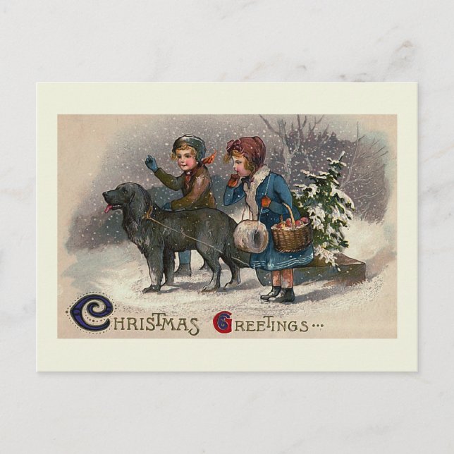 "Dog Pulling Sled" Christmas Postcard (Front)