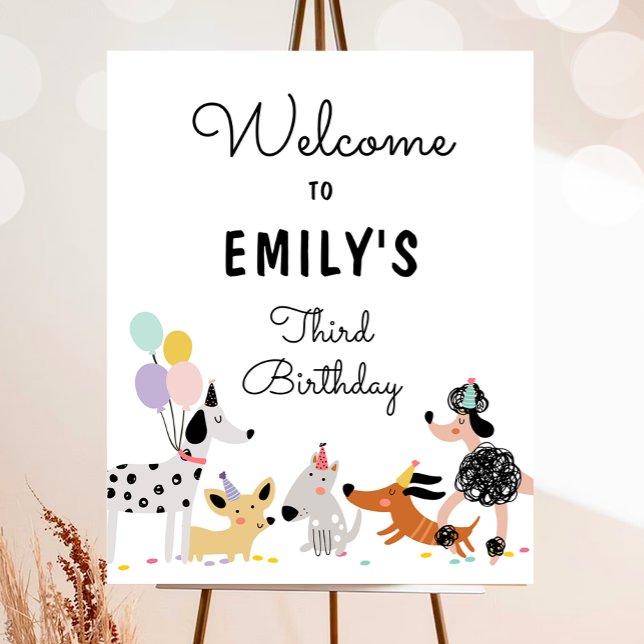 Dog Puppy Pawty Modern Girl Birthday Welcome Poster (Creator Uploaded)