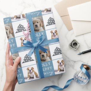 Dog Puppy Pet 2 Photos Merry Jolly Christmas Tree Wrapping Paper