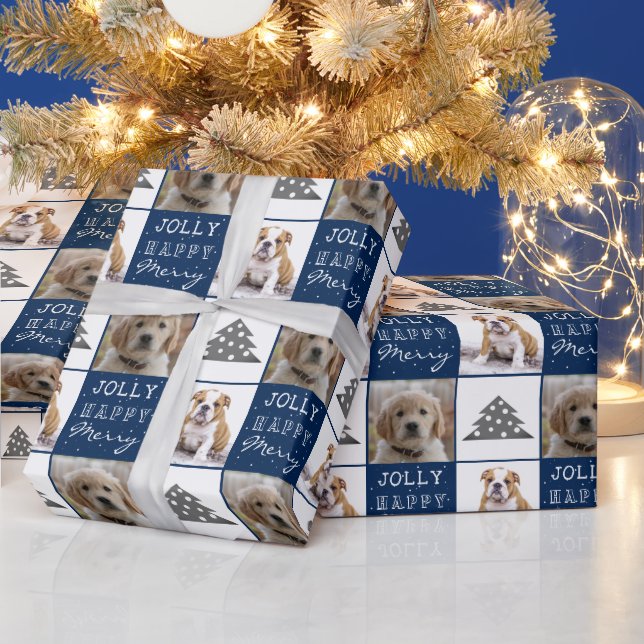Dog Puppy Pet 2 Photos Merry Jolly Christmas Tree  Wrapping Paper (Holidays)