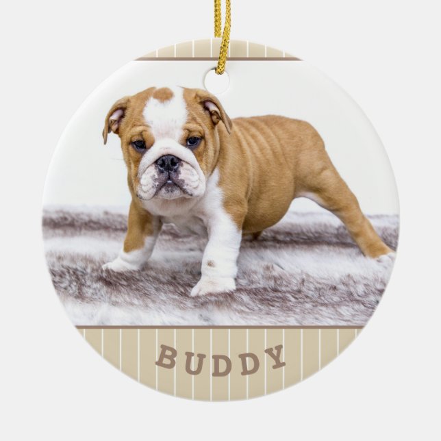 Dog Puppy Pet Photo Beige Stripe Ceramic Tree Decoration (Front)