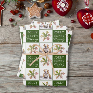 Dog Puppy Pet Photo Snowflake Green Christmas Wrapping Paper Sheet