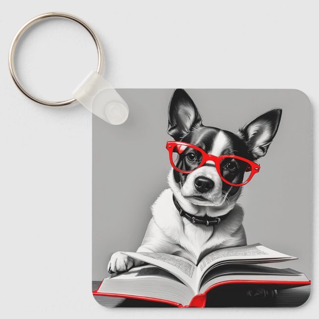 Dog Reading Book Key Ring (Front)