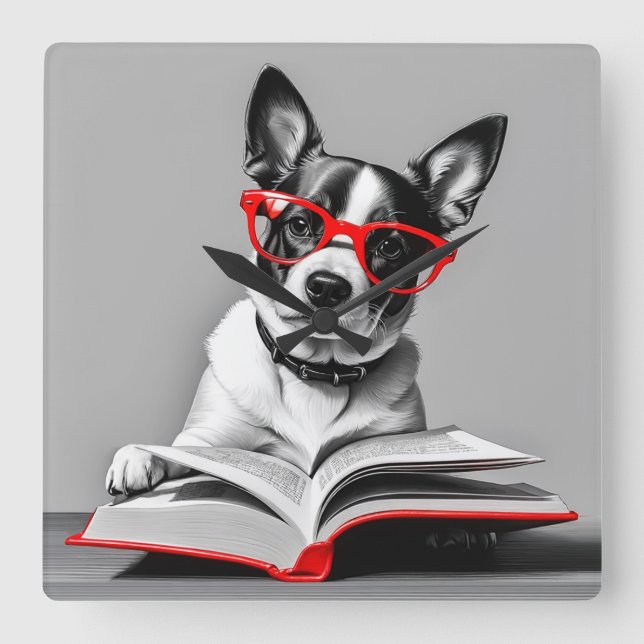 Dog Reading Book Square Wall Clock (Front)