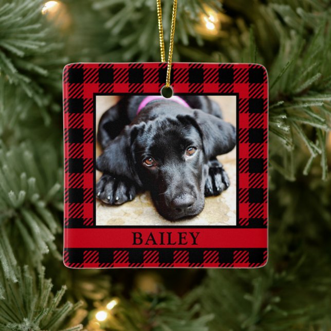 Dog Red Buffalo Check Photo Ceramic Ornament (Tree)