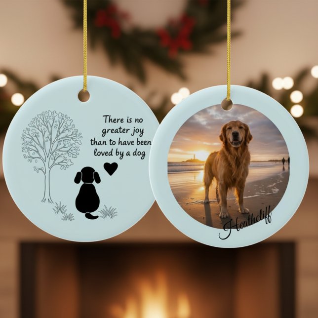 Dog Remembrance Photo Quote Blue Rescue Ceramic Tree Decoration (Blue pet photo memorial ornament with "Greater Joy" quote — meaningful holiday gift for dog owners)