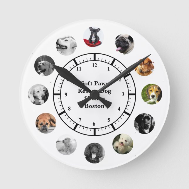 DOG Rescue Shelter Rehoming 12 PHOTO Collage Named Round Clock (Front)