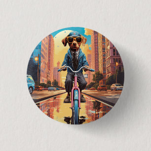 Dog Riding a Bicycle in the City 3 Cm Round Badge
