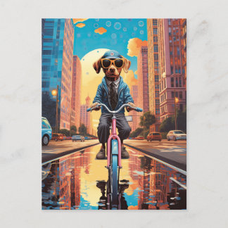 Dog Riding a Bicycle in the City Postcard
