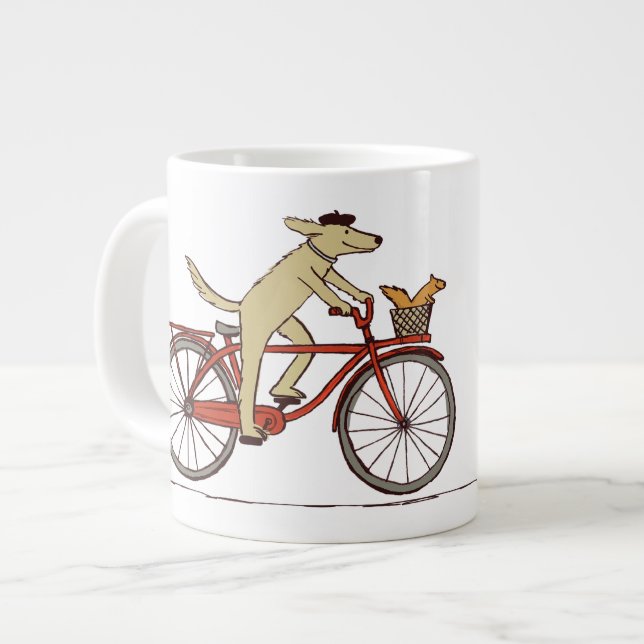 Dog Riding Bicycle with Squirrel - Fun Animal Art Large Coffee Mug (Front Left)