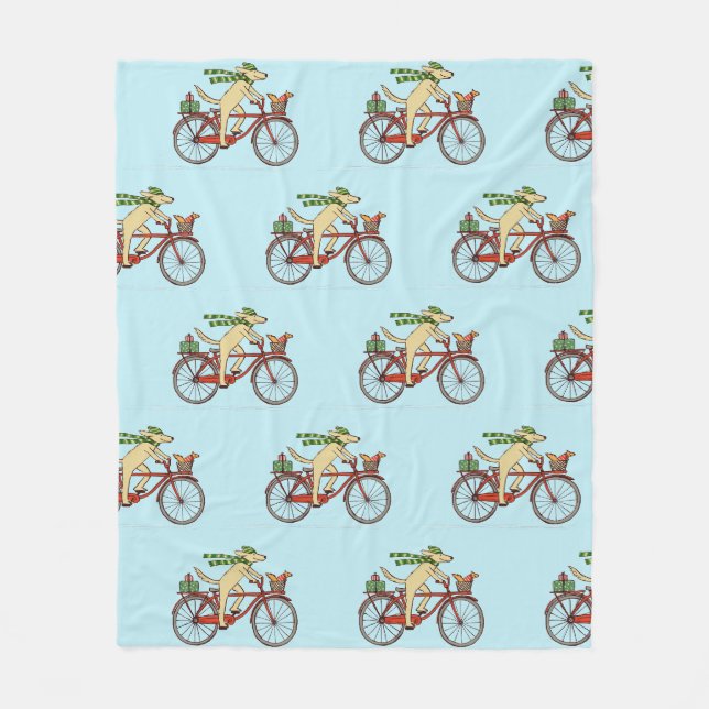 Dog Riding Bicycle with Squirrel Holiday Pattern Fleece Blanket (Front)