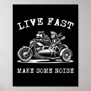 Dog Riding Motorcycle And Cat Playing Guitar Punk Poster