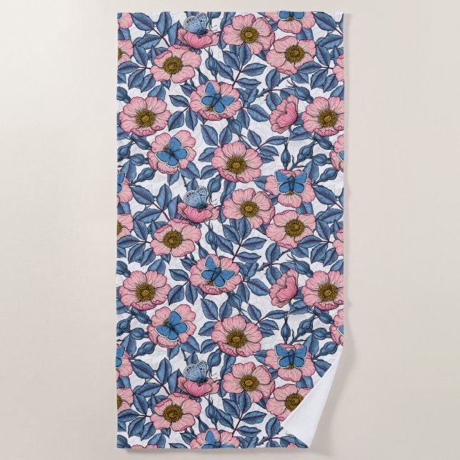 Dog rose and butterflies beach towel (Front)