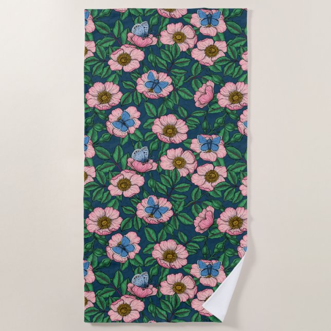 Dog rose and butterflies beach towel (Front)