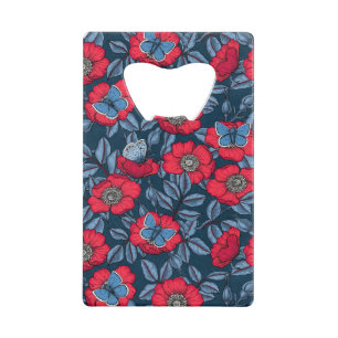 Dog rose and butterflies in blue and red
