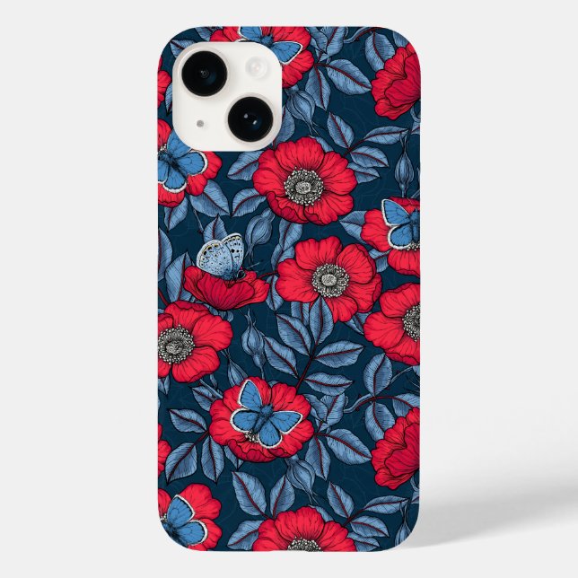Dog rose and butterflies in blue and red Case-Mate iPhone case (Back)