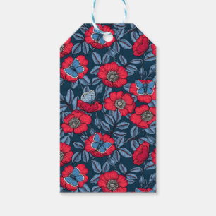 Dog rose and butterflies in blue and red gift tags