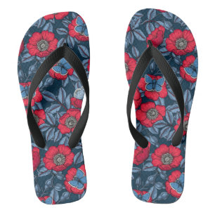 Dog rose and butterflies in blue and red jandals