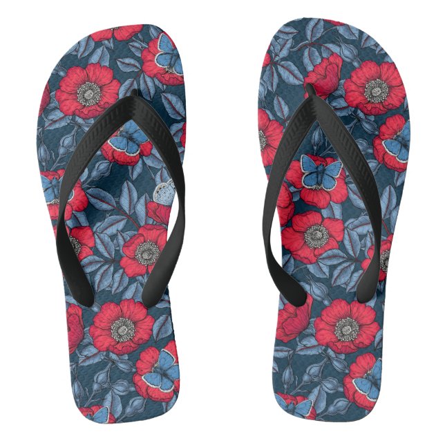 Dog rose and butterflies in blue and red jandals (Footbed)
