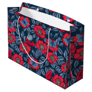 Dog rose and butterflies in blue and red large gift bag