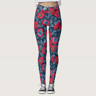 Dog rose and butterflies in blue and red leggings