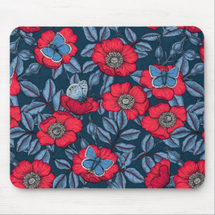 Dog rose and butterflies in blue and red mouse pad