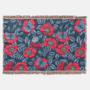 Dog rose and butterflies in blue and red throw blanket