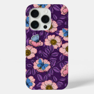 Dog rose and butterflies in pink and purple iPhone 15 pro case