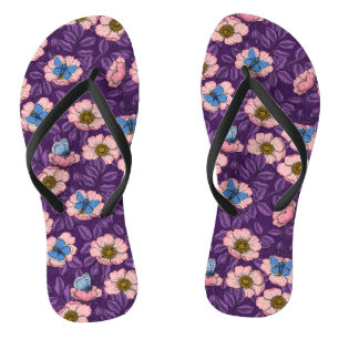 Dog rose and butterflies in pink and purple jandals