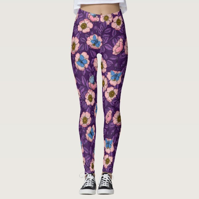 Dog rose and butterflies in pink and purple leggings (Front)