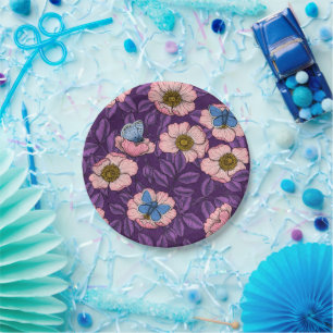 Dog rose and butterflies in pink and purple paper plate