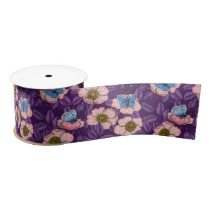 Dog rose and butterflies in pink and purple satin ribbon