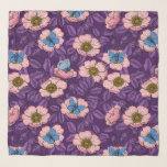 Dog rose and butterflies in pink and purple scarf<br><div class="desc">Hand drawn vector pattern with dog rose and common blue butterflies</div>