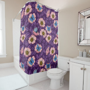 Dog rose and butterflies in pink and purple shower curtain