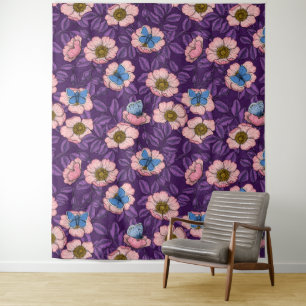 Dog rose and butterflies in pink and purple tapestry