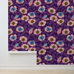 Dog rose and butterflies in pink and purple wallpaper